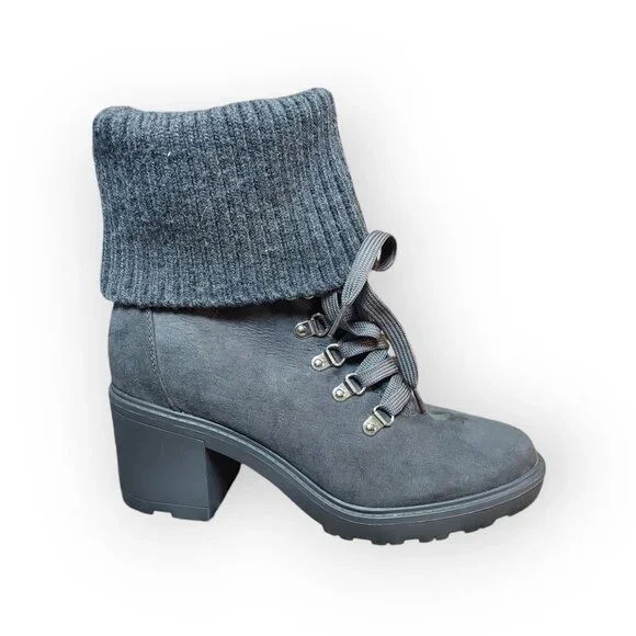 Just Fab Camber Knitted Cuff Lace-Up Booties Gray Caviar Chunky Heeled Size 9 - Picture 5 of 10
